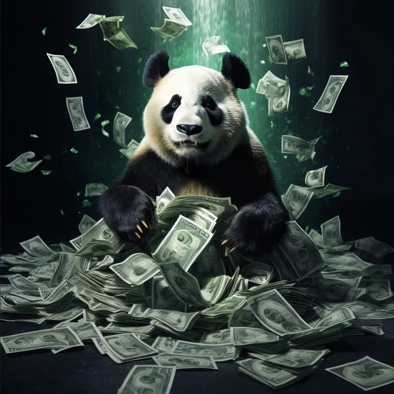 Leinwandbild Panda schwimmt in Geldscheinen Quadrat
