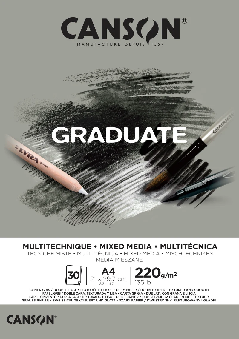 Canson Graduate Mix Media blok Grey 220 g/m² - 30 listov, A4, lepený