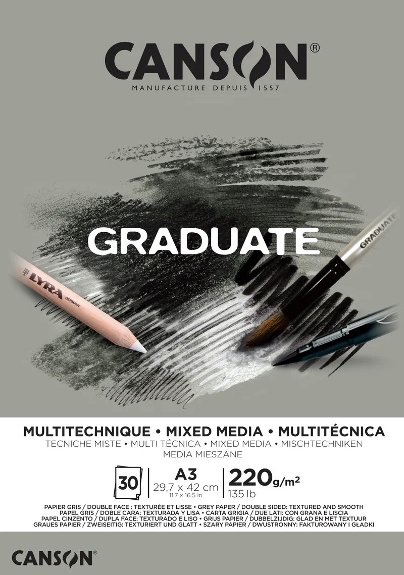 Μπλοκ mix media CANSON Graduate Γκρι A3, 220 g/m², 30 φύλλα