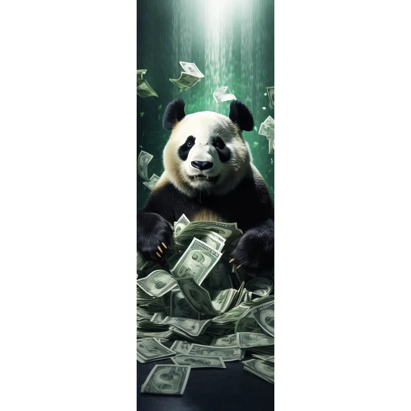 Aluminiumbild gebürstet Panda schwimmt in Geldscheinen Panorama Hoch