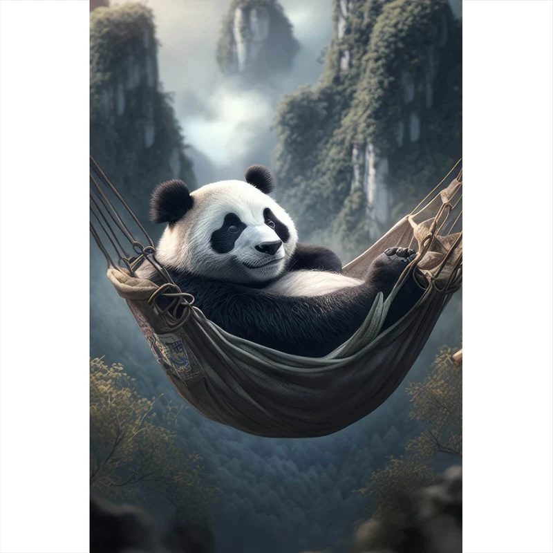 Aluminiumbild Panda mit Hängematte in mystischer Umgebung Hochformat