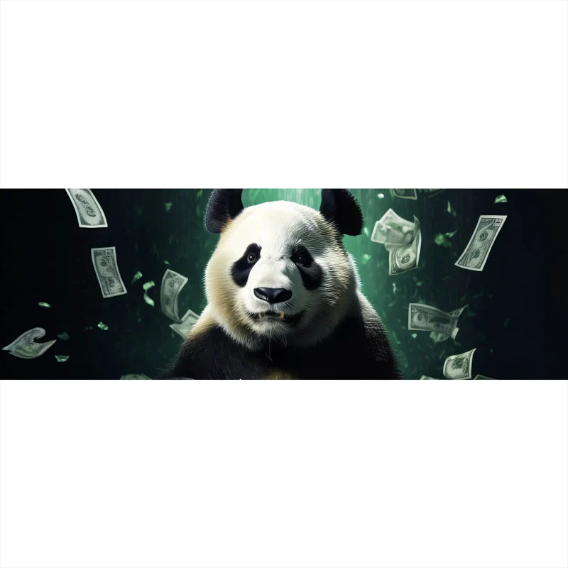 Leinwandbild Panda schwimmt in Geldscheinen Panorama