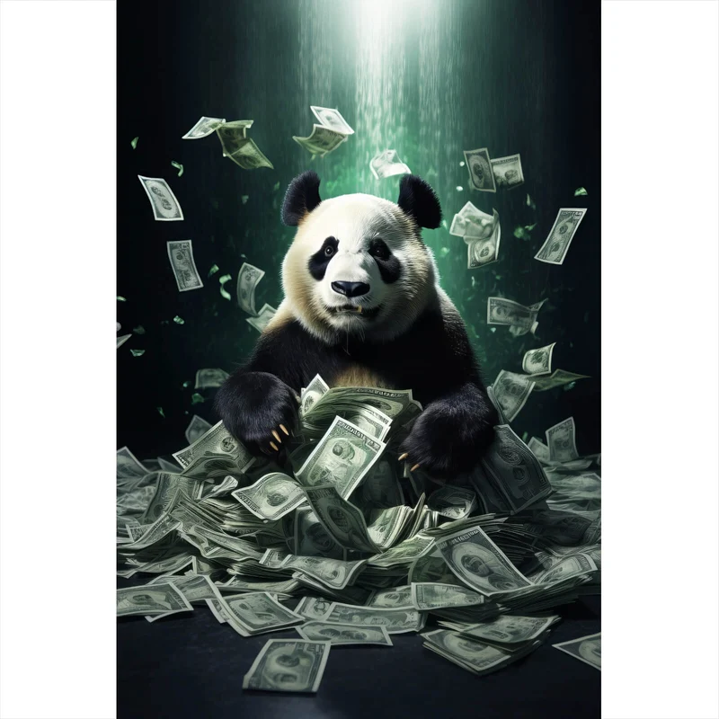 Spannrahmenbild Panda schwimmt in Geldscheinen Hochformat