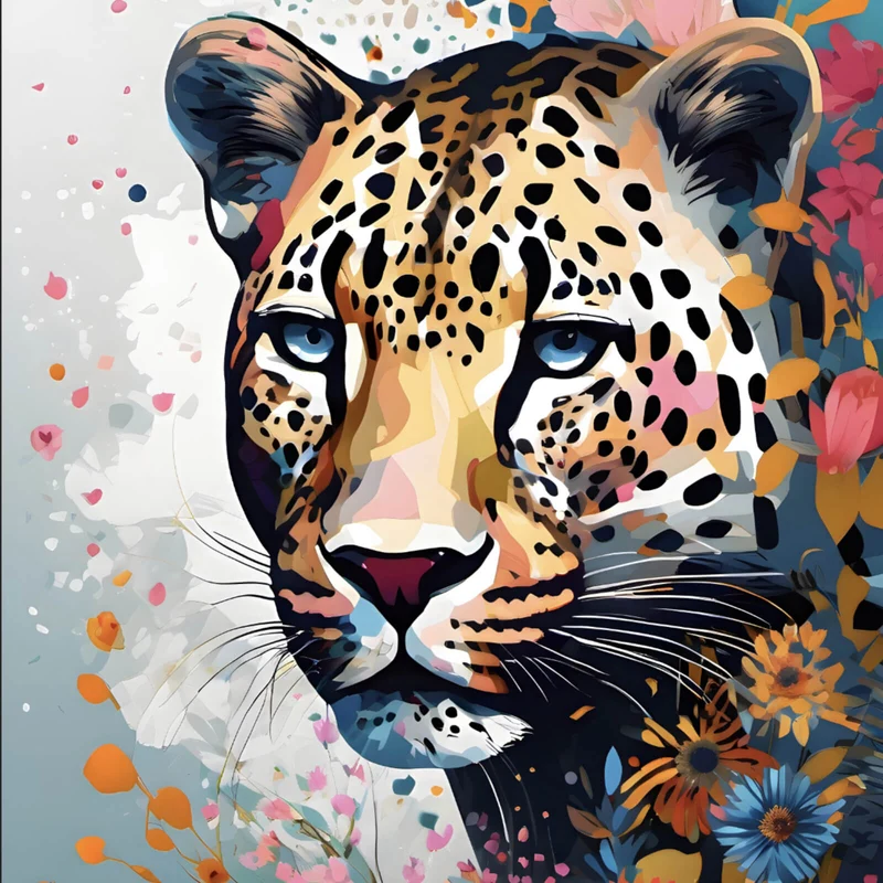 Leinwandbild Leopardenkopf in Blumenkomposition Quadrat