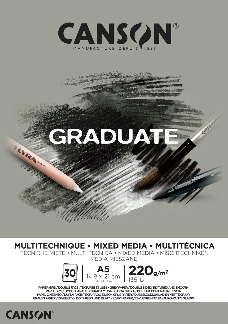 CANSON Graduate Mix Media Block Grau 220 g A5 - 30 Blatt kopfgeleimt