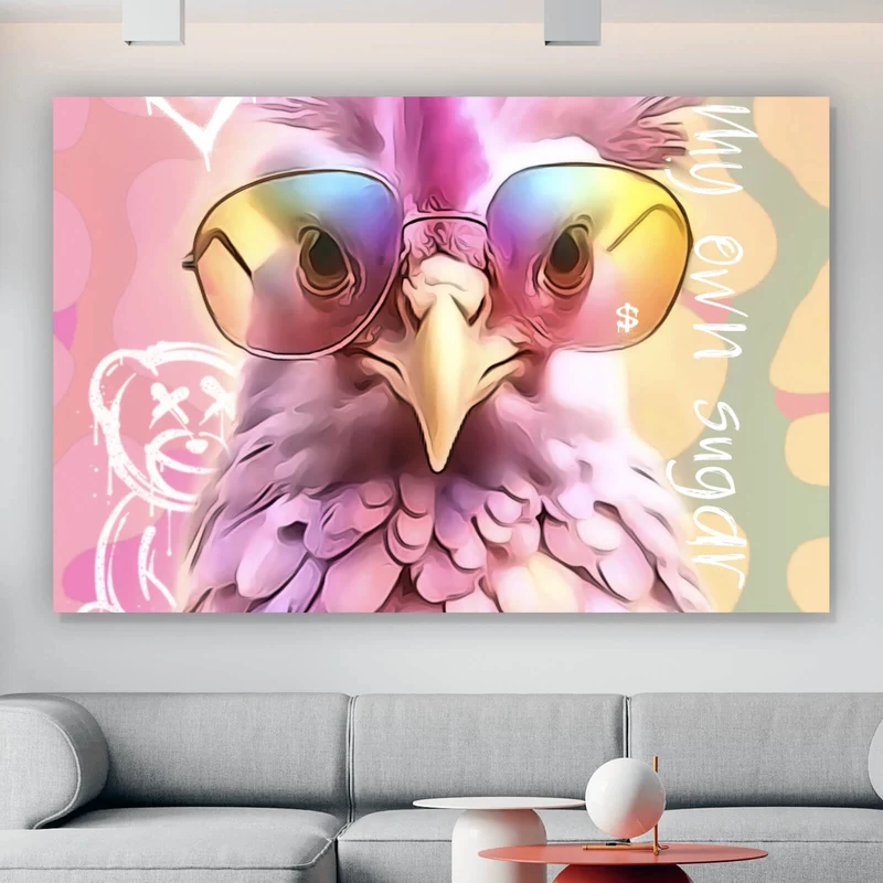 Aluminiumbild gebürstet Huhn mit Sonnenbrille Modern Art Querformat
