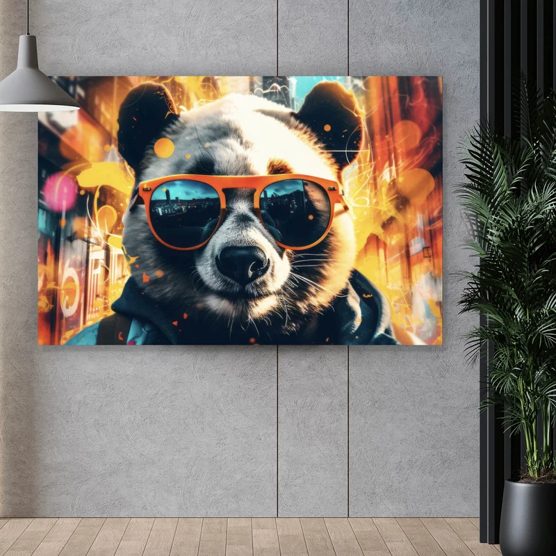 Aluminiumbild Cooler Panda mit Sonnenbrille Street Art Querformat