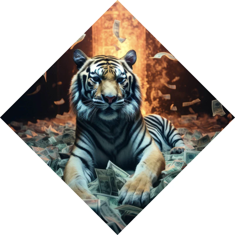 Aluminiumbild gebürstet Tiger schwimmt in Geldscheinen Raute