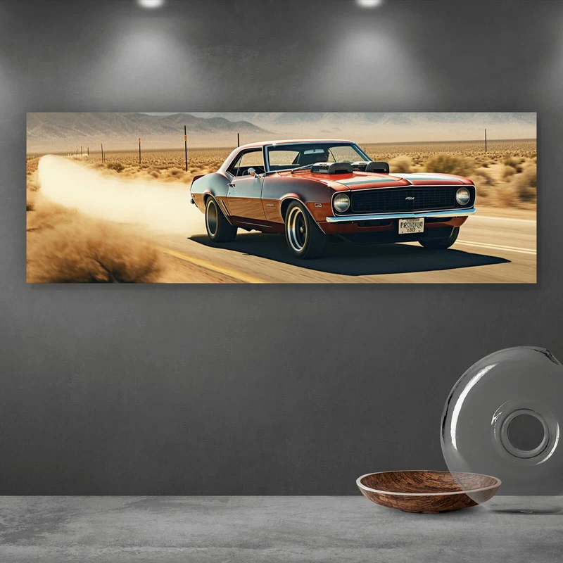 Leinwandbild Klassischer Muscle Car in der Wüste Panorama