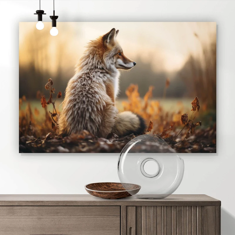 Aluminiumbild gebürstet Fuchs im Sonnenuntergang Querformat