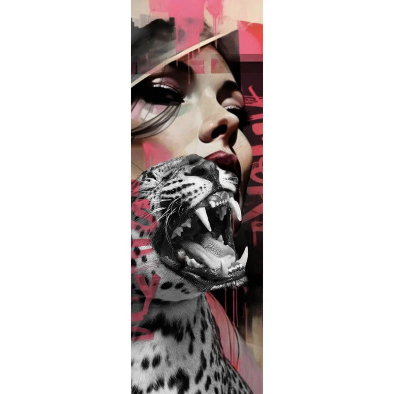 Acrylglasbild Komposition Leopard mit erotischer Frau Panorama Hoch