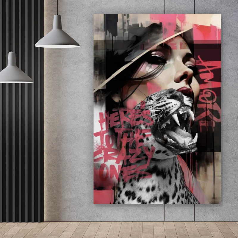 Acrylglasbild Komposition Leopard mit erotischer Frau Hochformat