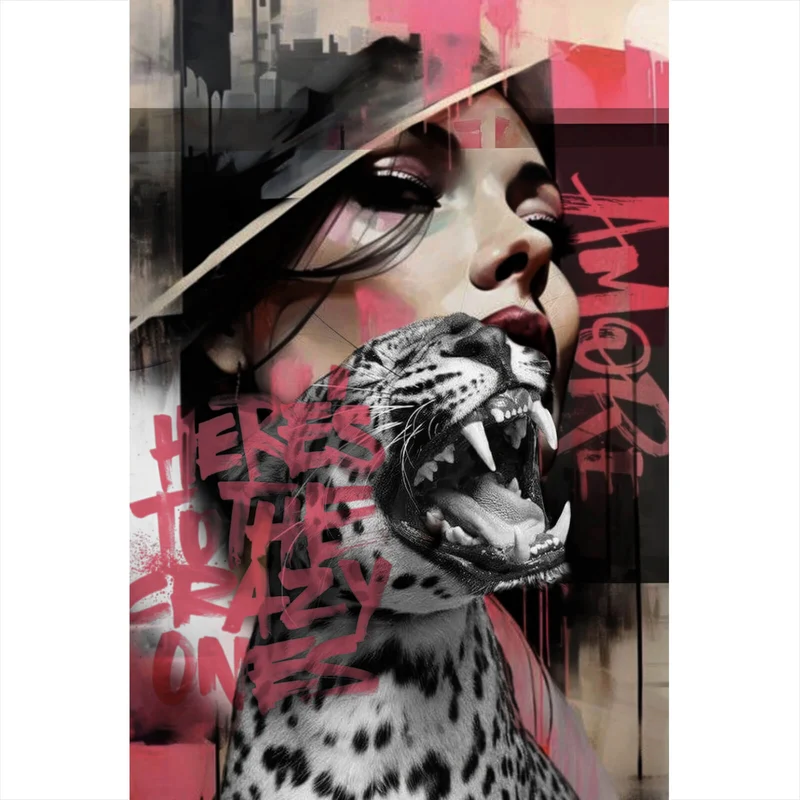Acrylglasbild Komposition Leopard mit erotischer Frau Hochformat
