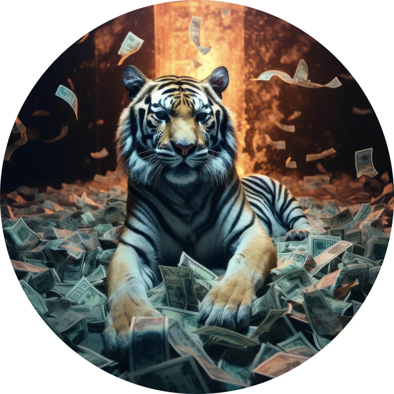 Aluminiumbild Tiger schwimmt in Geldscheinen Kreis