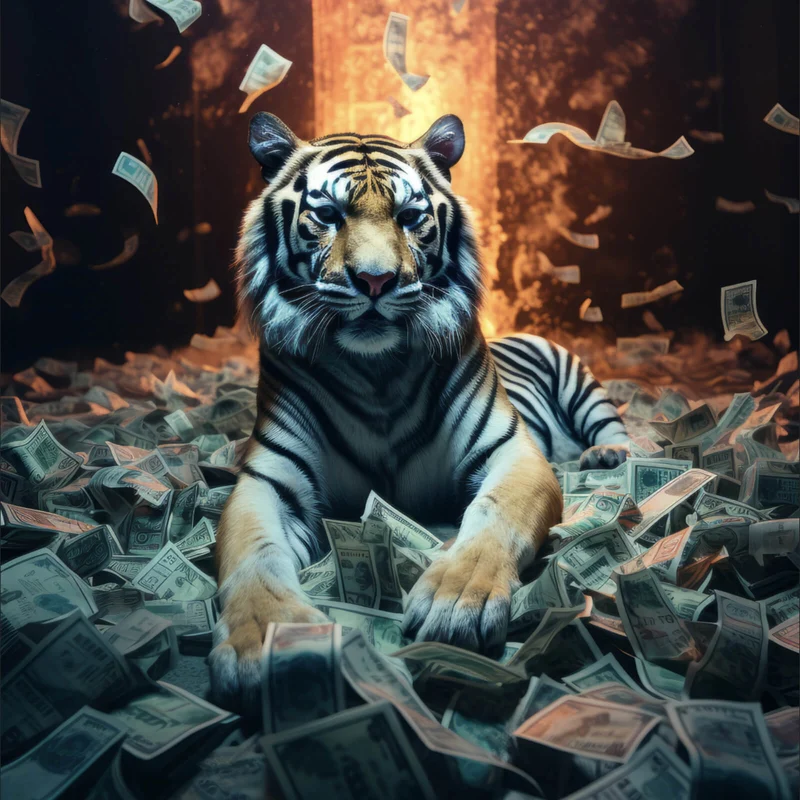 Spannrahmenbild Tiger schwimmt in Geldscheinen Quadrat