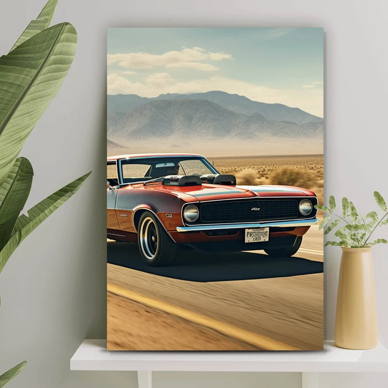 Spannrahmenbild Klassischer Muscle Car in der Wüste Hochformat