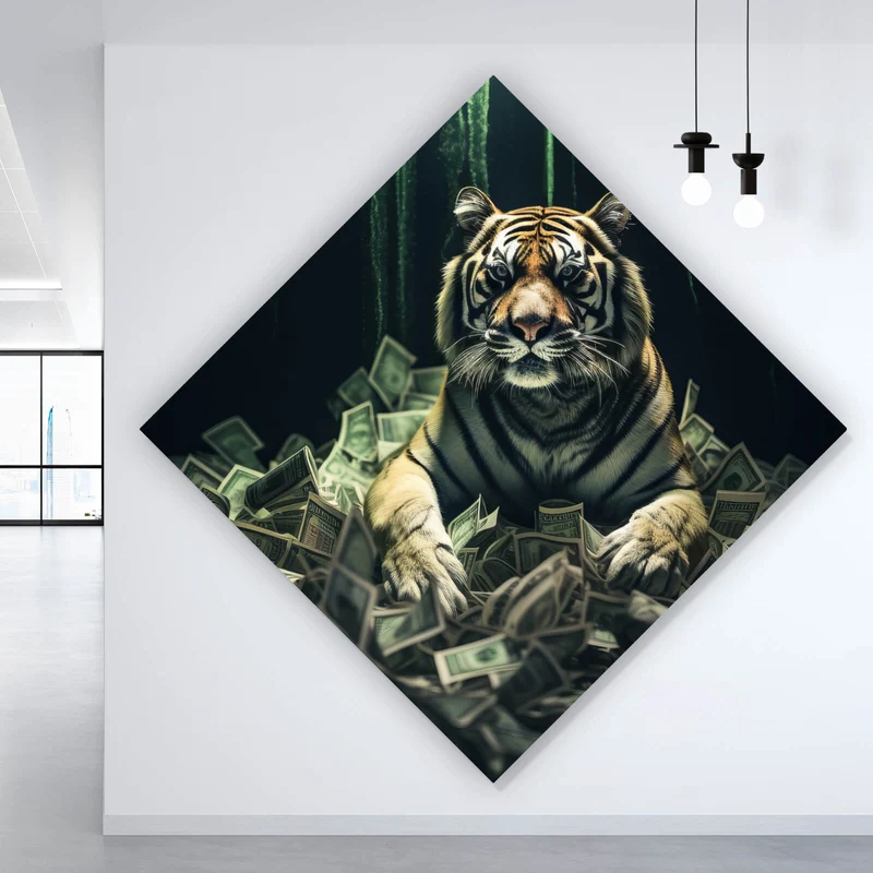 Acrylglasbild Tiger thront auf Geldscheinen Raute