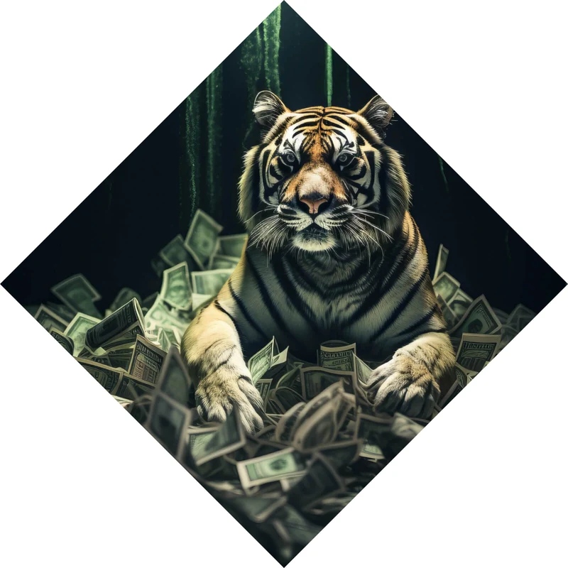 Aluminiumbild gebürstet Tiger thront auf Geldscheinen Raute