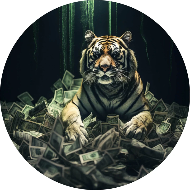 Aluminiumbild gebürstet Tiger thront auf Geldscheinen Kreis