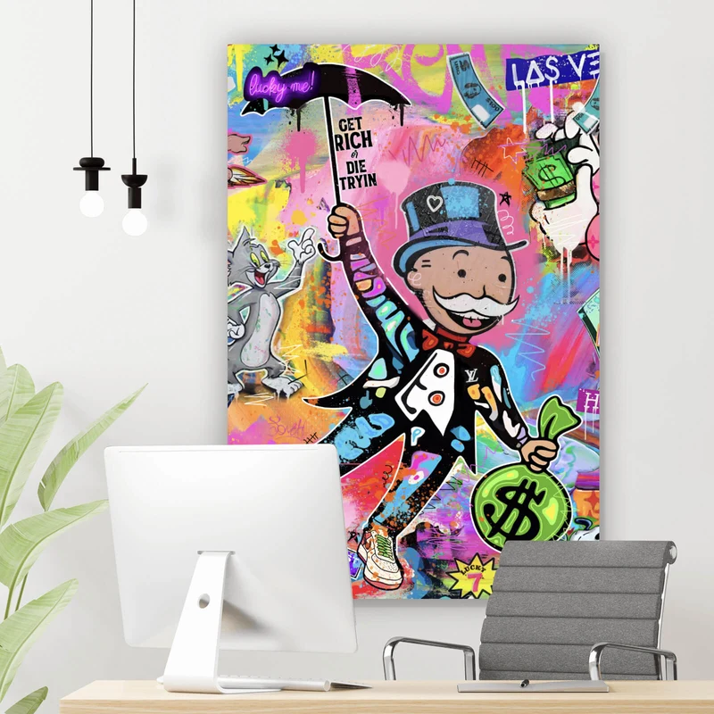 Spannrahmenbild Bunte Monopoly Collage Pop Art Hochformat