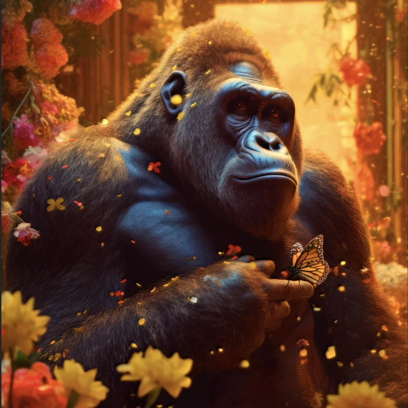 Aluminiumbild Gorilla mit Schmetterling Digital Art Quadrat