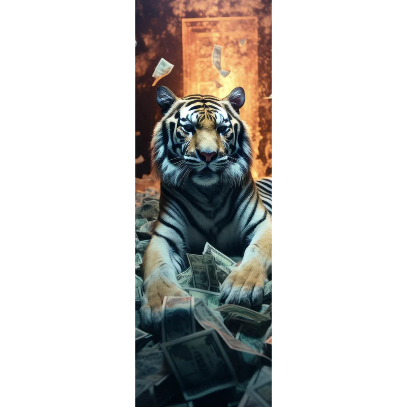 Spannrahmenbild Tiger schwimmt in Geldscheinen Panorama Hoch
