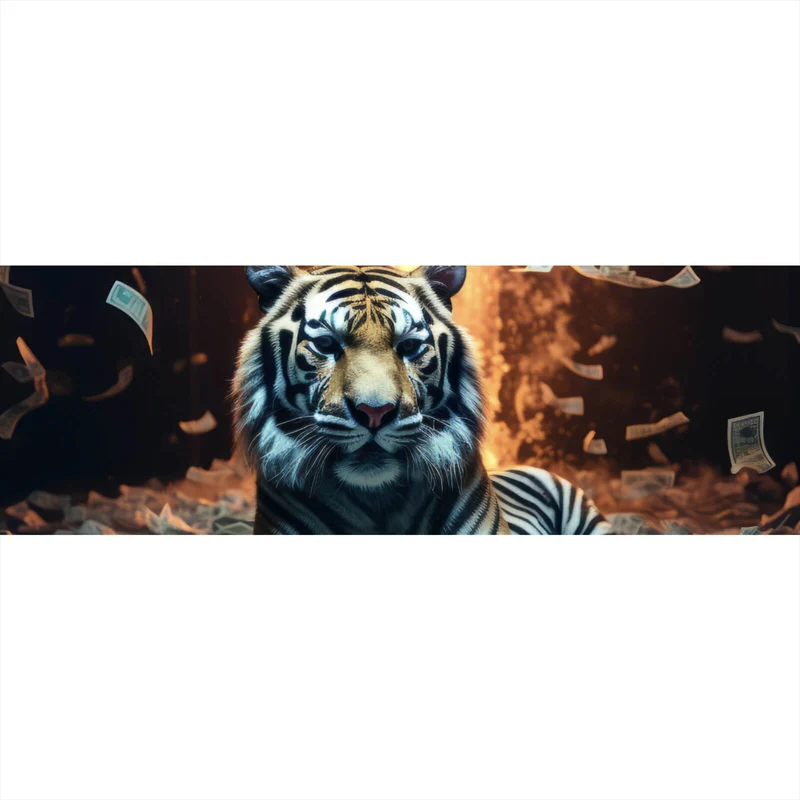 Spannrahmenbild Tiger schwimmt in Geldscheinen Panorama