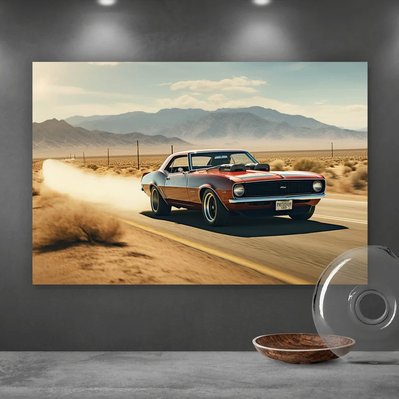 Poster Klassischer Muscle Car in der Wüste Querformat