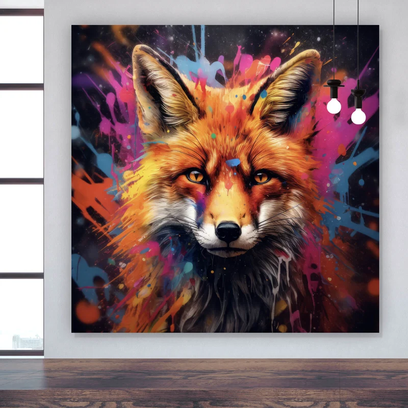 Aluminiumbild gebürstet Fuchs mit Farbspritzer Modern Quadrat