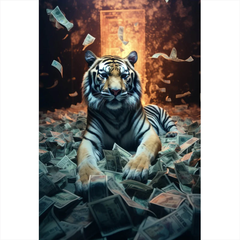Leinwandbild Tiger schwimmt in Geldscheinen Hochformat