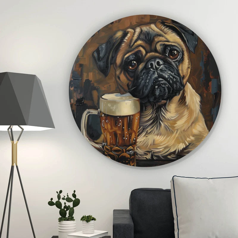 Aluminiumbild gebürstet Abstrakter Mops mit Bierglas Kreis