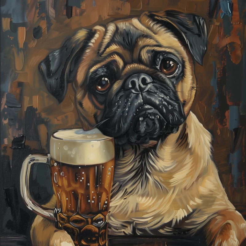 Acrylglasbild Abstrakter Mops mit Bierglas Quadrat