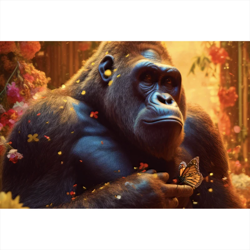 Aluminiumbild Gorilla mit Schmetterling Digital Art Querformat