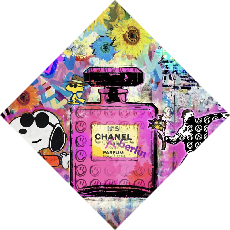 Acrylglasbild Abstrakte Collage mit Parfumflasche Raute
