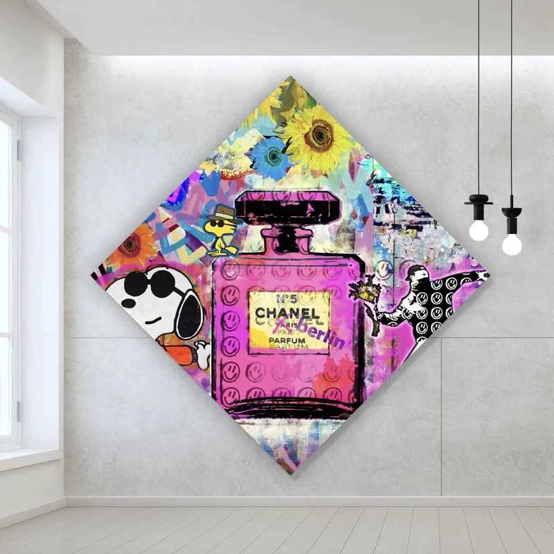 Aluminiumbild gebürstet Abstrakte Collage mit Parfumflasche Raute