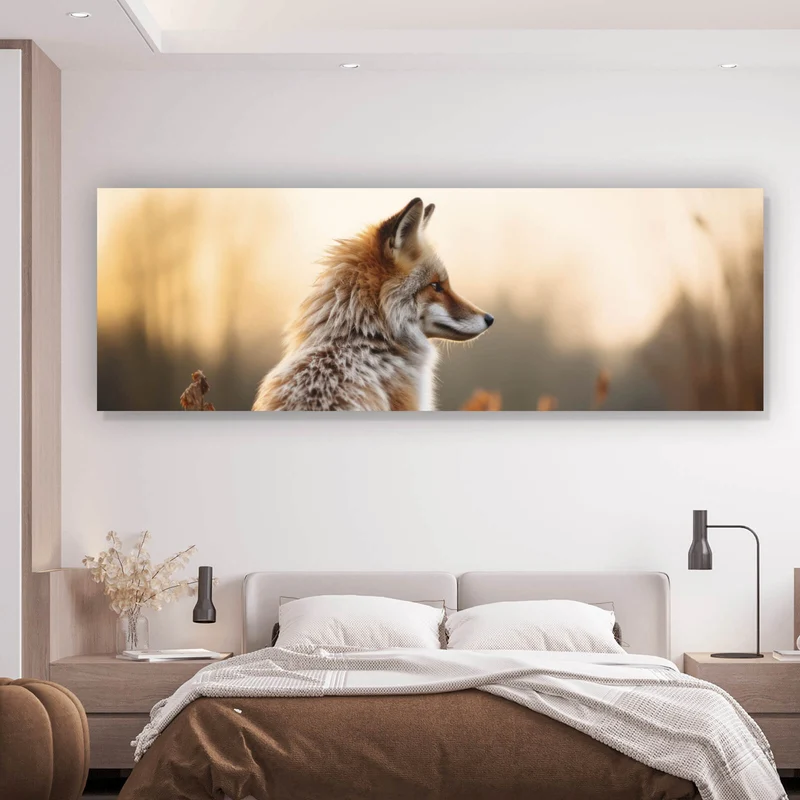 Leinwandbild Fuchs im Sonnenuntergang Panorama