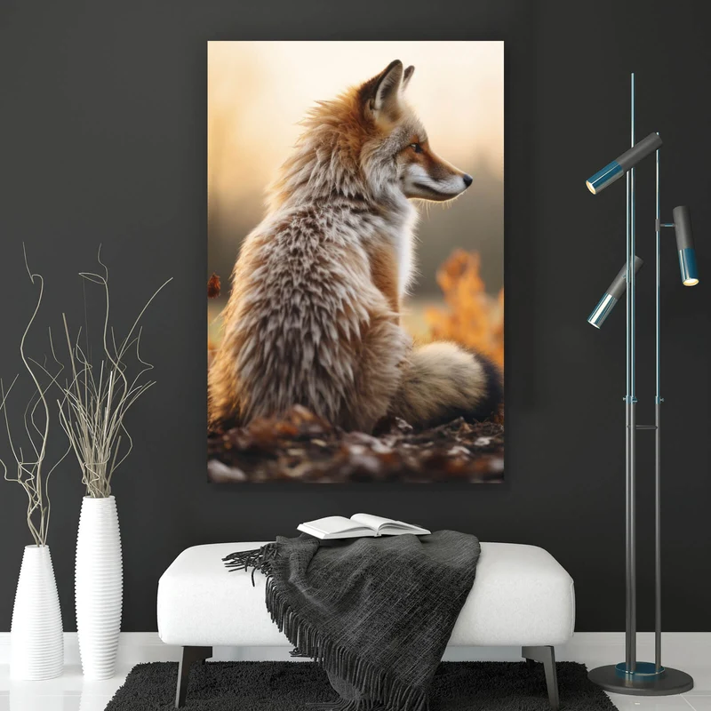 Spannrahmenbild Fuchs im Sonnenuntergang Hochformat