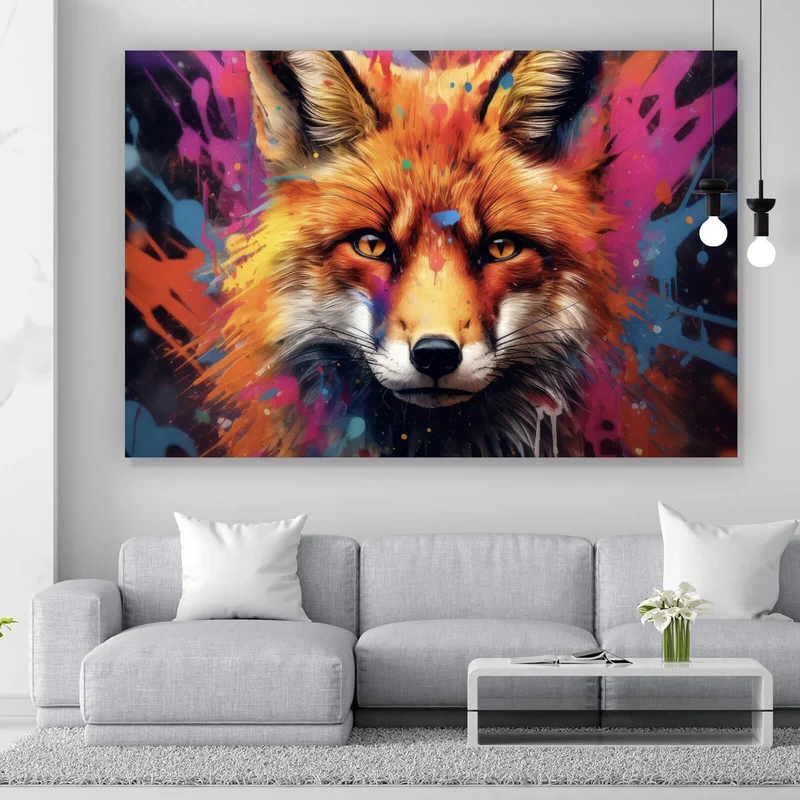 Aluminiumbild gebürstet Fuchs mit Farbspritzer Modern Querformat