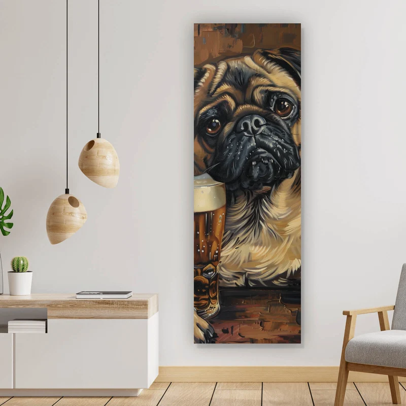 Leinwandbild Abstrakter Mops mit Bierglas Panorama Hoch