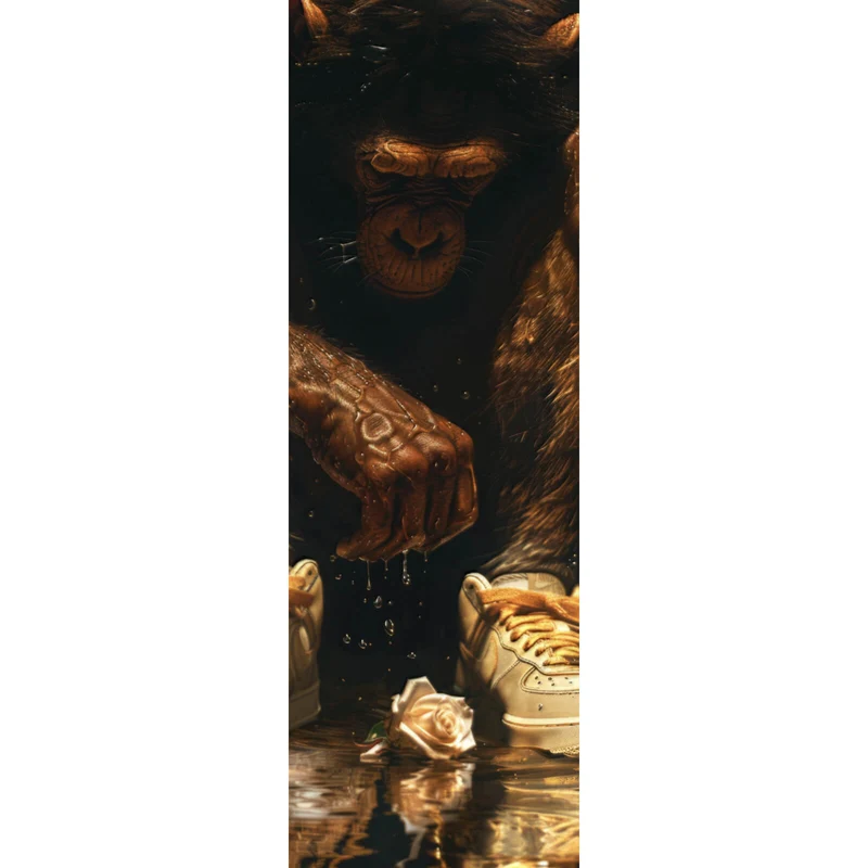Spannrahmenbild Muskulärer Affe mit goldenen Sneaker Panorama Hoch