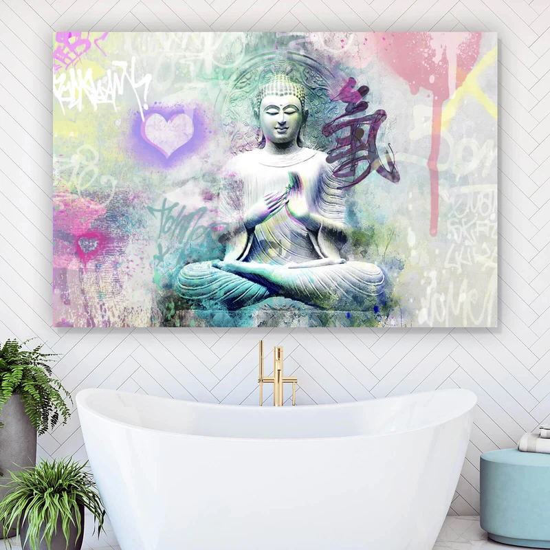 Aluminiumbild gebürstet Buddhafigur im Pop Art Stil Querformat
