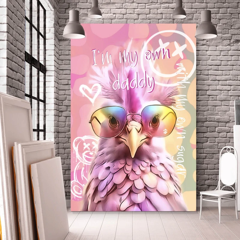 Aluminiumbild Huhn mit Sonnenbrille Modern Art Hochformat