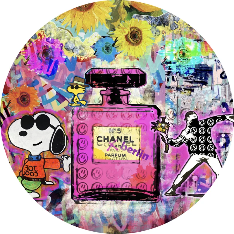 Aluminiumbild Abstrakte Collage mit Parfumflasche Kreis