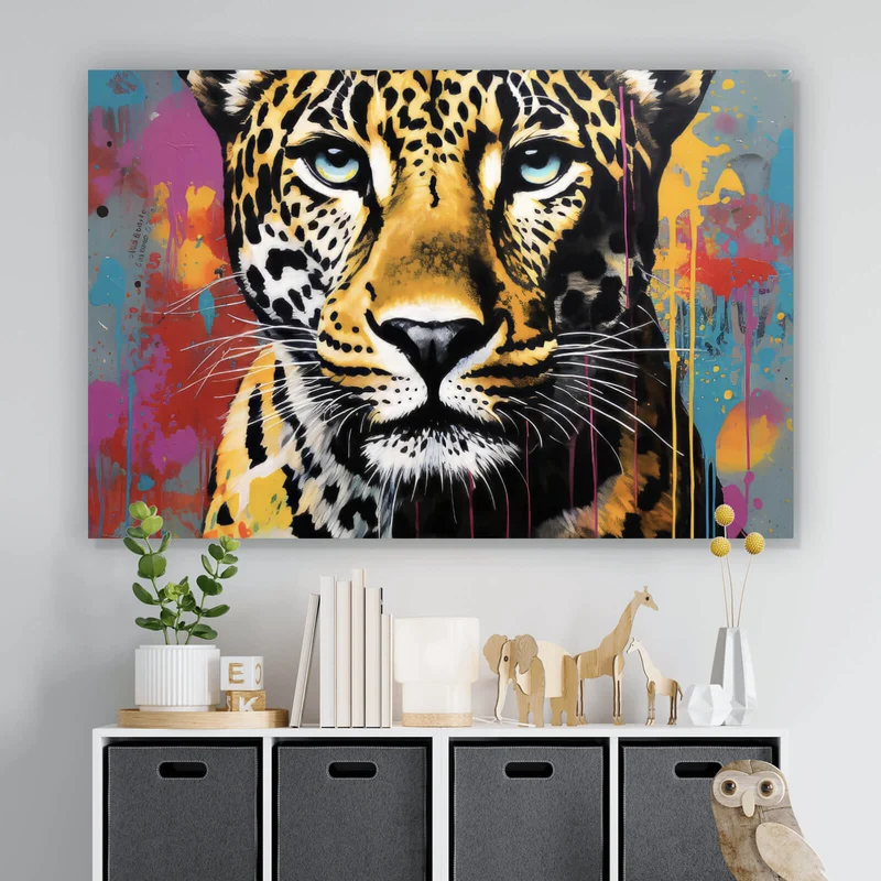 Aluminiumbild gebürstet Buntes Graffiti eines Leoparden Portrait Querformat