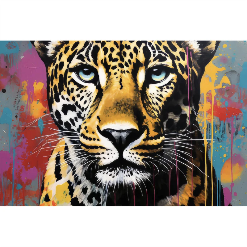 Aluminiumbild Buntes Graffiti eines Leoparden Portrait Querformat