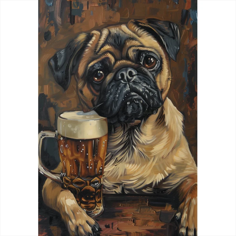 Spannrahmenbild Abstrakter Mops mit Bierglas Hochformat