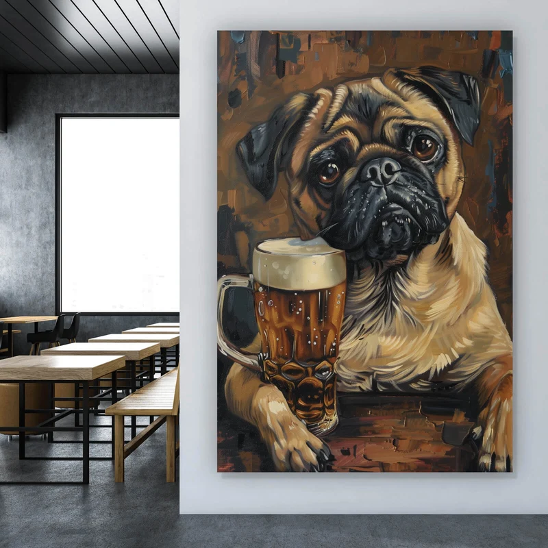 Aluminiumbild Abstrakter Mops mit Bierglas Hochformat