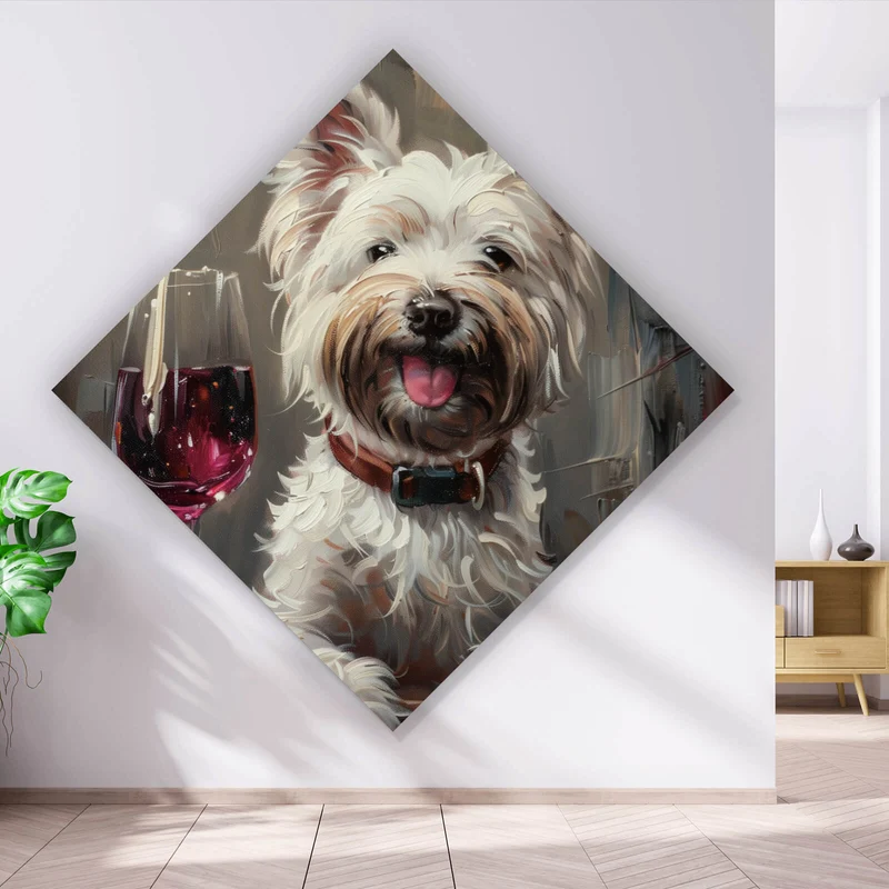 Spannrahmenbild Weißer Terrier mit Weinglas Raute