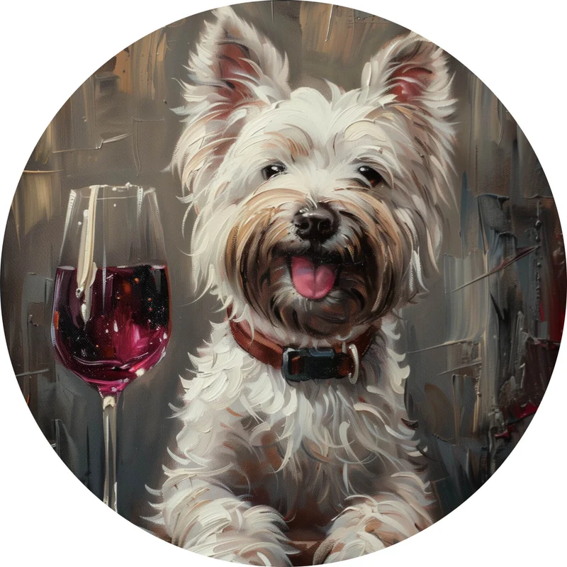 Aluminiumbild Weißer Terrier mit Weinglas Kreis