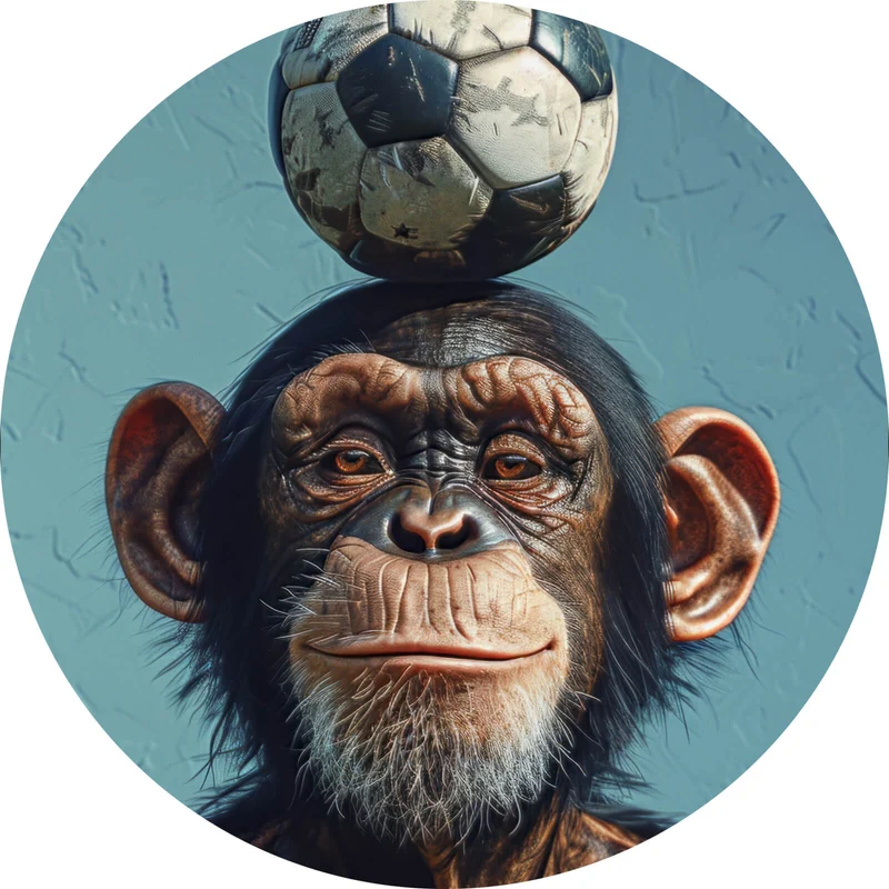 Aluminiumbild Frecher Schimpanse mit Fußball Kreis